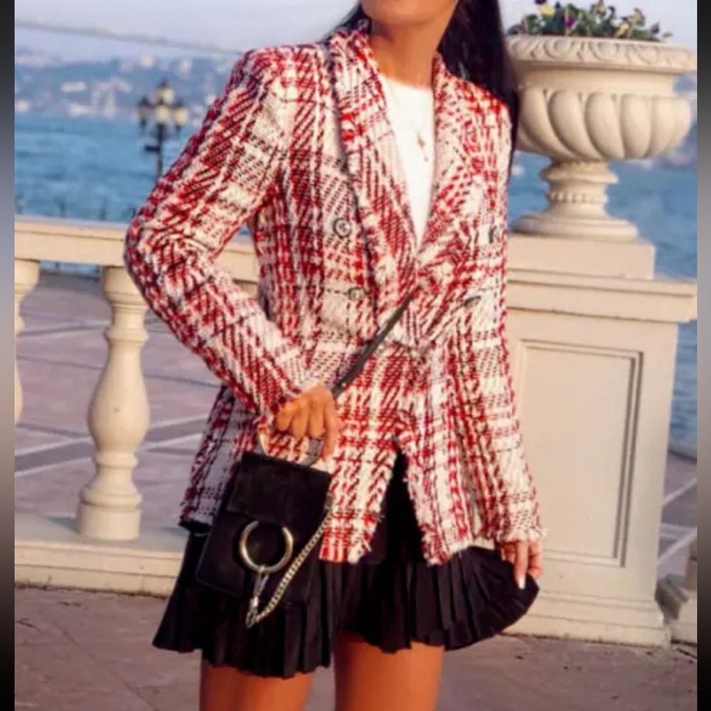 ZARA TWEED WEAVE JACKET BLAZER W/ GEM JEWEL BUTTON RED/WHITE NEW